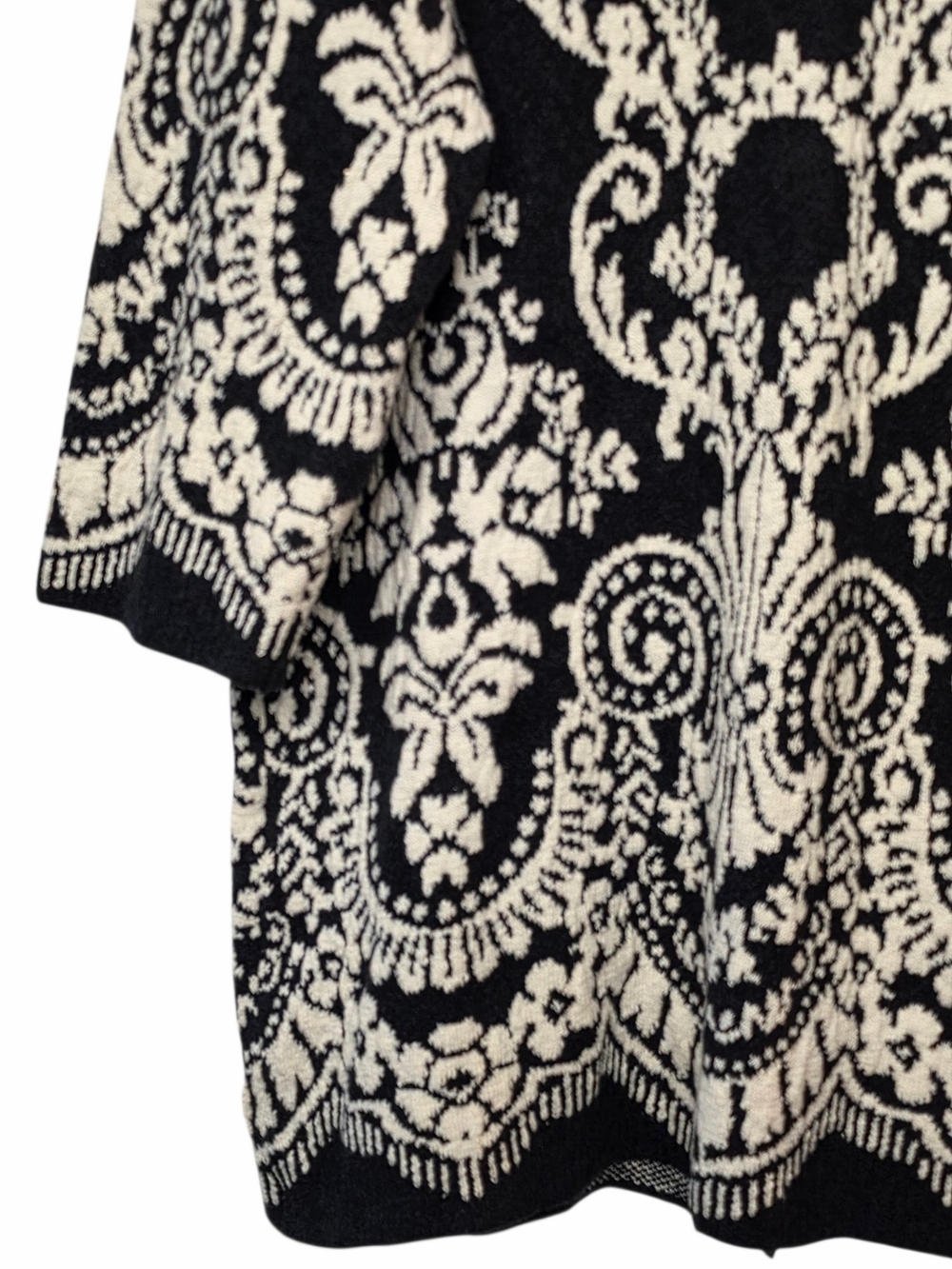 J.Jill Black Cream Paisley Jacquard Longline Open Front Cardigan Sweater M - Picture 13 of 14